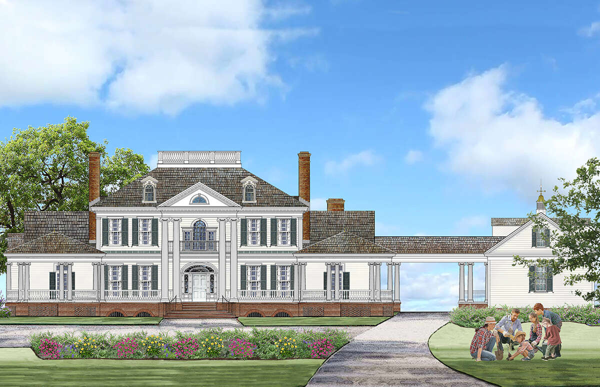 A colonial style home with an open parkway, pillars in the front, and a chimminey atop.