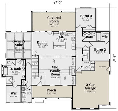 3BR, 2BA main level with open kitchen, family room, WIC, Ldry, 2-car garage, covered porch, and coffered ceiling. House Plan # 009-00299 Main Floor Floor Plan Drawing by America's Best House Plans, Inc.