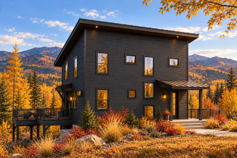 Angled front view of a dark gray house in Contemporary style, shed roof, deck, and mountain landscape. House Plan # 035-00898