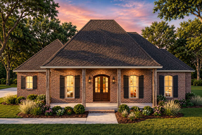 Red Brick French Country Front Elevation, sunset sky, arched windows, dark shutters, wood porch posts, lit entry lanterns. House Plan # 4534-00052 Digital Rendering by America's Best House Plans, Inc.