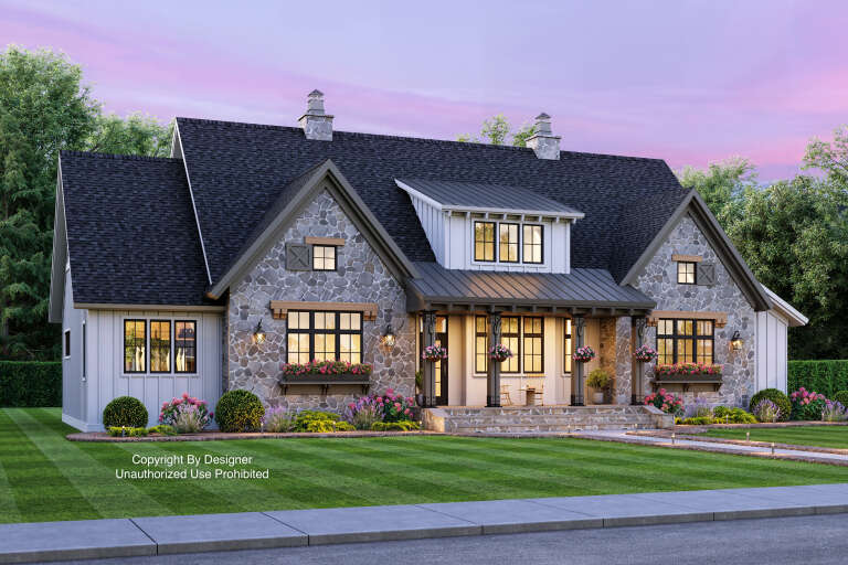 House Plan House Plan #25330 Angled Front Elevation at Dusk