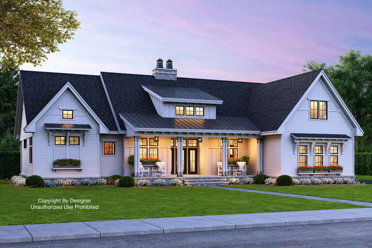 House Plan House Plan #25356 Angled Front Elevation at Dusk