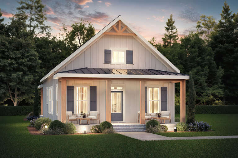 House Plan House Plan #25362 Angled Front Elevation at Dusk