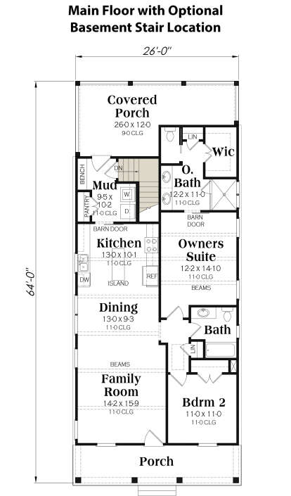 Main Floor w/ Basement Stair Location for House Plan #009-00303