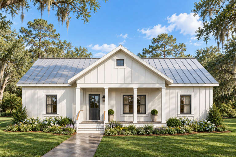 Front view of a white house in Modern Farmhouse style, metal roof, board-and-batten siding, and covered front porch. House Plan # 1776-00116