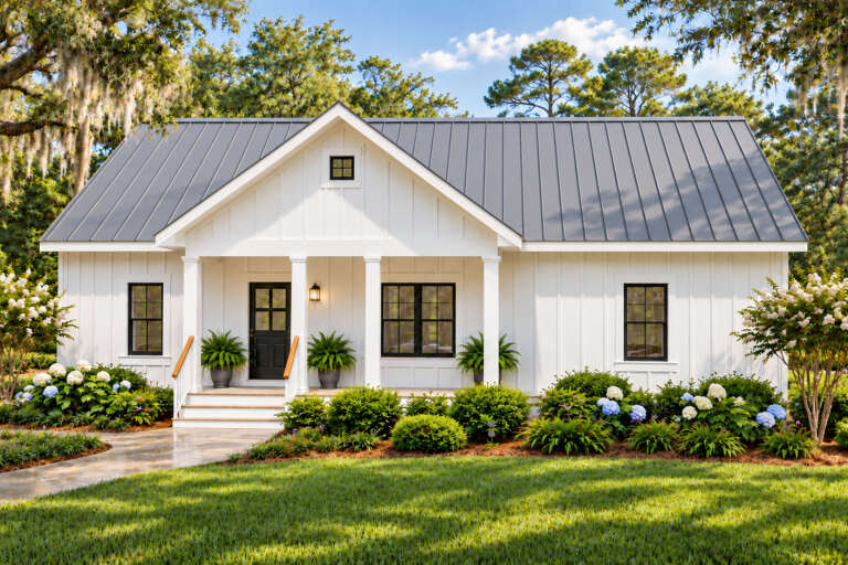 Front view of a white house in Modern Farmhouse style, metal roof, black windows, covered porch, and lush landscaping. House Plan # 1776-00117