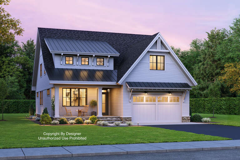 House Plan House Plan #25477 Angled Front Elevation at Dusk