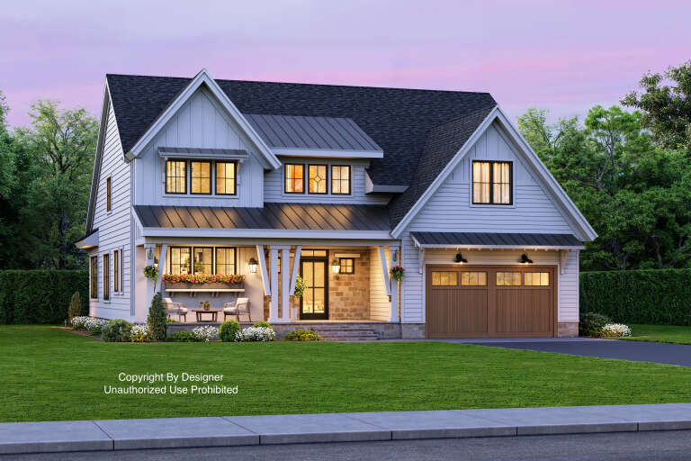 House Plan House Plan #25480 Angled Front Elevation at Dusk
