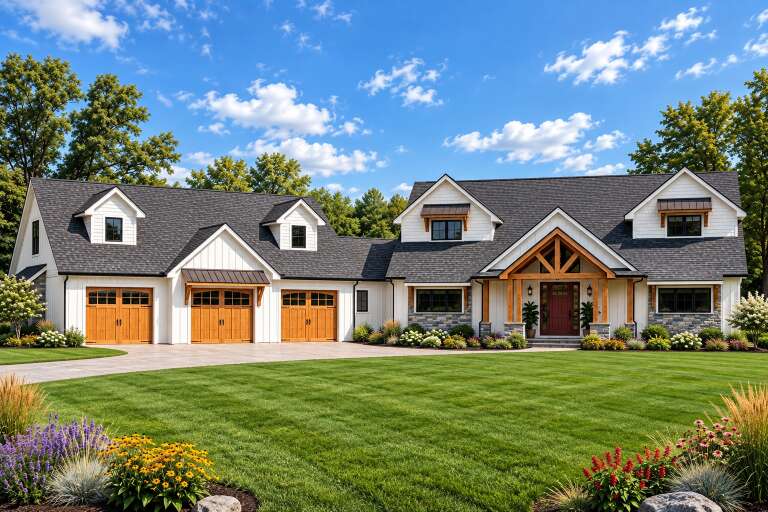 White Modern Farmhouse, Front Elevation, board-and-batten siding, stone base, wood garage doors, timber porch, lush lawn. House Plan # 5032-00097 Digital Rendering by America's Best House Plans, Inc.