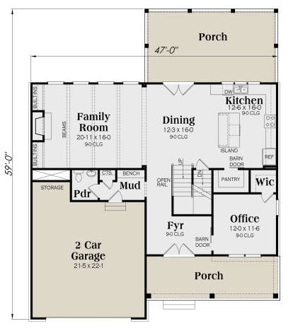 Main floor with family room, kitchen, dining, office, Pdr, mudroom, 2-car garage, and covered porch. House Plan # 009-00304 Main Floor Floor Plan Drawing by America's Best House Plans, Inc.