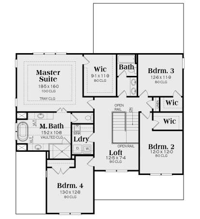 Upper level with 4 beds, loft, laundry, WIC, and master suite with tray ceiling and vaulted bath. House Plan # 009-00304 Second Floor Floor Plan Drawing by America's Best House Plans, Inc.