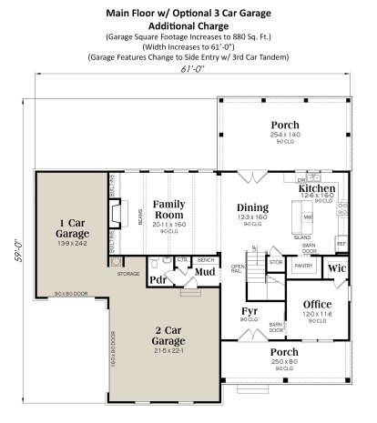 Main floor with optional 3-car garage, family room, kitchen, dining, office, Pdr, mudroom, and porch. House Plan # 009-00304 Main Floor w/ 3-Car Garage Option Floor Plan Drawing by America's Best House Plans, Inc.