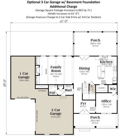 Basement foundation with optional 3-car garage, family room, kitchen, dining, office, Pdr, and porch. House Plan # 009-00304 Basement Foundation w/ Optional 3 Car Garage Floor Plan Drawing by America's Best House Plans, Inc.
