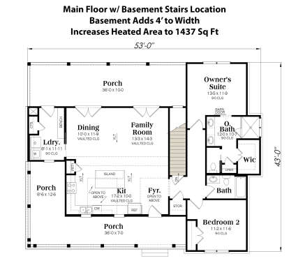 Main Floor w/ Basement Stair Location for House Plan #009-00305