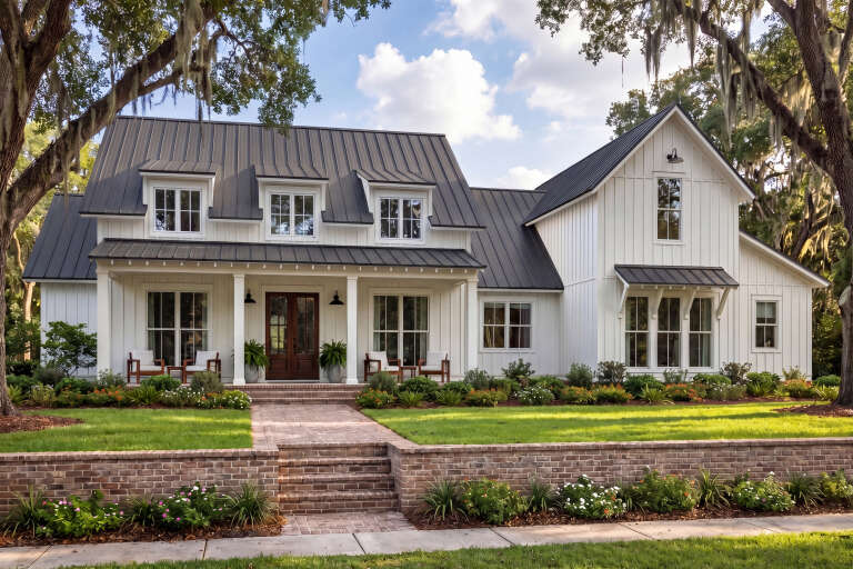 Front view of a white house in Modern Farmhouse style, dark metal roof, board-and-batten siding, and brick walkway. House Plan # 041-00253
