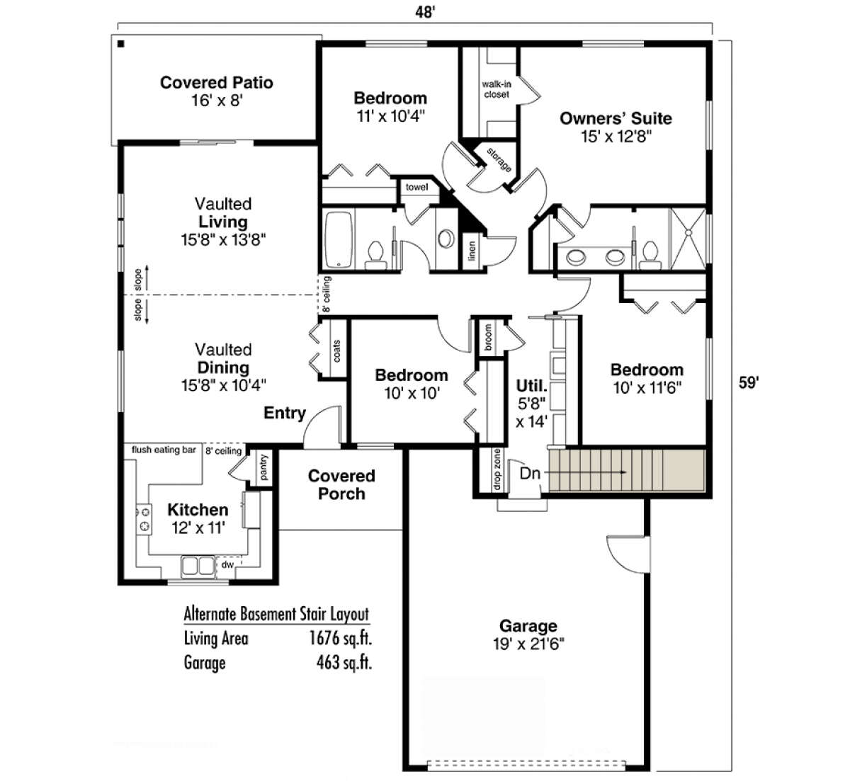 Main Floor w/ Basement Stairs Location for House Plan #035-00932