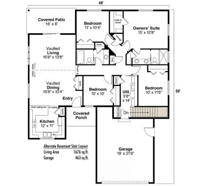 Main Floor w/ Basement Stairs Location for House Plan #035-00932