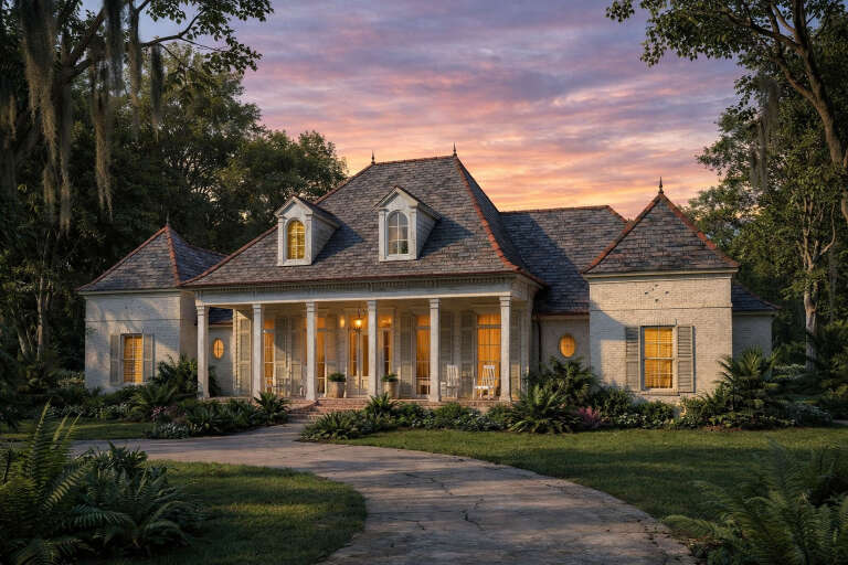 House Plan House Plan #26021 Angled Front Elevation at Dusk
