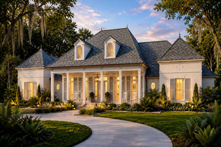 White European, Angled Front Elevation, brick siding, shingle roof, lit porch, lanterns, lush landscaping, curved path. House Plan # 4534-00066 Digital Rendering by America's Best House Plans, Inc.