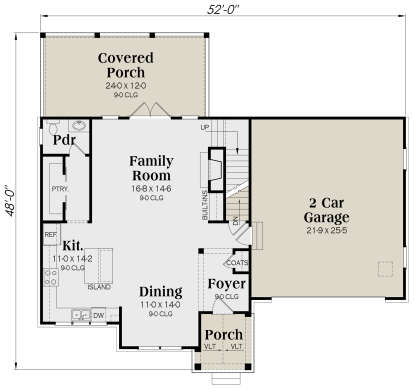 Main floor with kitchen, island, dining, family room, powder room, covered porch, and 2-car garage. House Plan # 009-00308 Main Floor Floor Plan Drawing by America's Best House Plans, Inc.