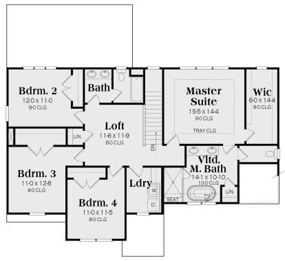 Upper level with master suite, 3 beds, loft, shared bath, laundry, WIC, and tray ceiling. House Plan # 009-00308 Second Floor Floor Plan Drawing by America's Best House Plans, Inc.