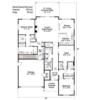 Main Floor w/ Basement Stair Location for House Plan #035-00962
