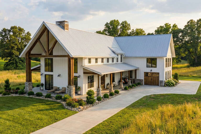 White Barndominium, Angled Front Elevation, board-and-batten siding, metal roof, stone pillars, timber beams, patio. House Plan # 963-00627 Digital Rendering by America's Best House Plans, Inc.