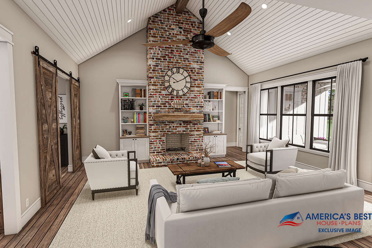 House Plan 4534-00072 - Modern Farmhouse Plan: 2,085 Square Feet, 3 Bedrooms, 2.5 Bathrooms House Plan 4534-00072 is a stunning modern farmhouse design with 2,085 square feet of living space, featuring 3 bedrooms and 2.5 bathrooms. The interior design of this farmhouse includes a spacious open floor plan, a cozy fireplace in the living room, a gourmet kitchen with an island, and a master suite with a luxurious ensuite bathroom.