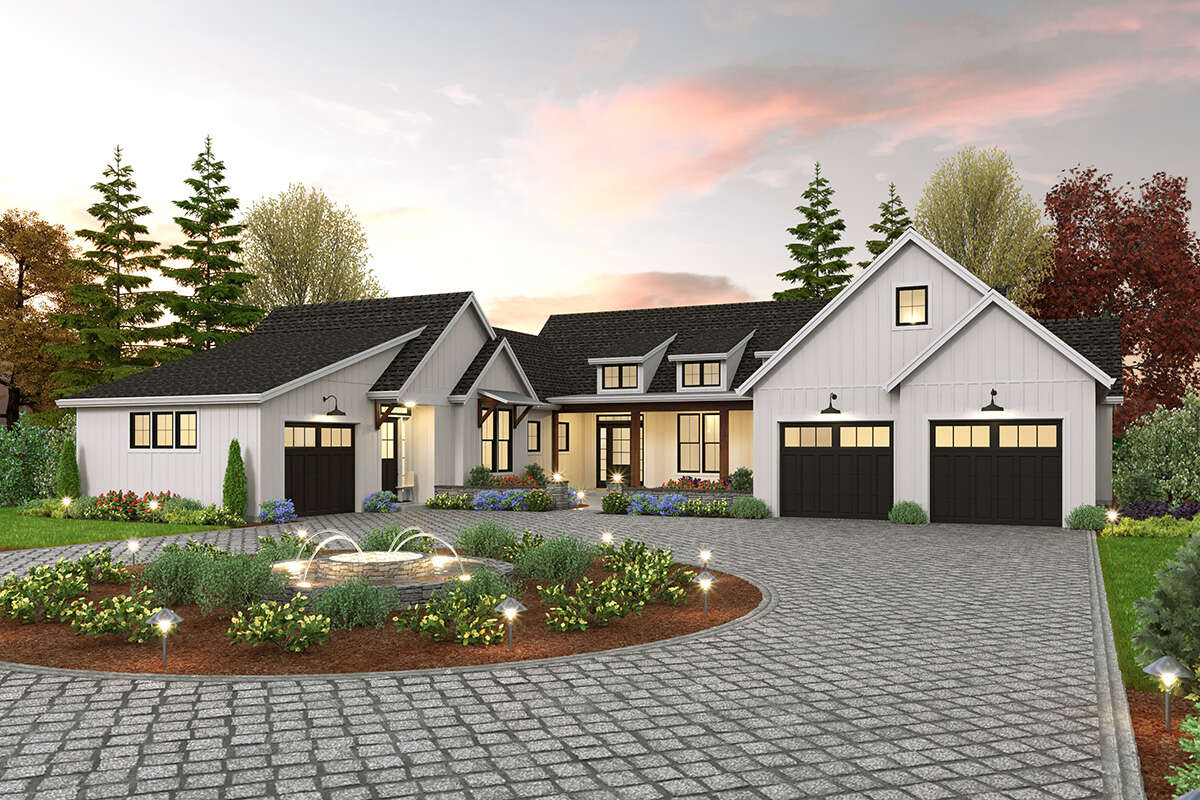 House Plan 2559-00940 - Modern Farmhouse Plan: 3,669 Square Feet, 4 Bedrooms, 4.5 Bathrooms House Plan 2559-00940 is a stunning Modern Farmhouse design featuring 3,669 square feet of living space, 4 bedrooms, and 4.5 bathrooms. This home boasts a spacious open-concept layout with a gourmet kitchen, cozy fireplace, and a luxurious master suite, making it the perfect blend of modern amenities and rustic charm for any family to enjoy.