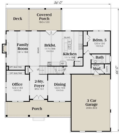 Main level with 2-sty foyer, office, dining, family room, kitchen with island, BR 5, bath, mudroom, 3-car garage, deck. House Plan # 009-00311 Main Floor Floor Plan Drawing by America's Best House Plans, Inc.