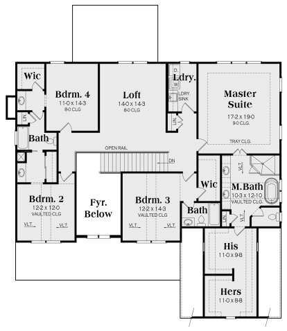 Second level with master suite, 3 beds, loft, laundry, 2 baths, WICs, open rail, and open-to-below area. House Plan # 009-00311 Second Floor Floor Plan Drawing by America's Best House Plans, Inc.