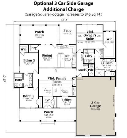 Optional 3 Car Side Garage for House Plan #009-00312