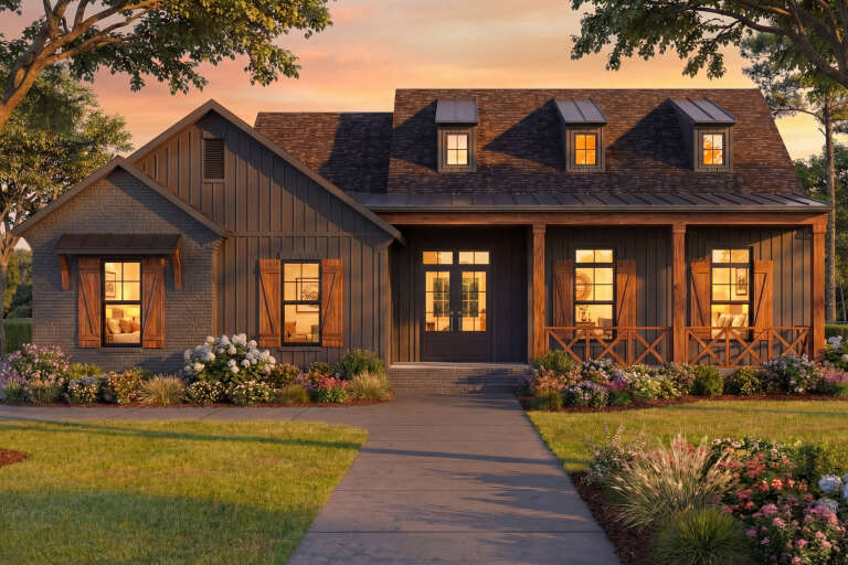 House Plan House Plan #27224 Front Elevation at Dusk