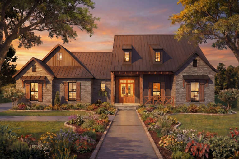 House Plan House Plan #27229 Front Elevation at Dusk