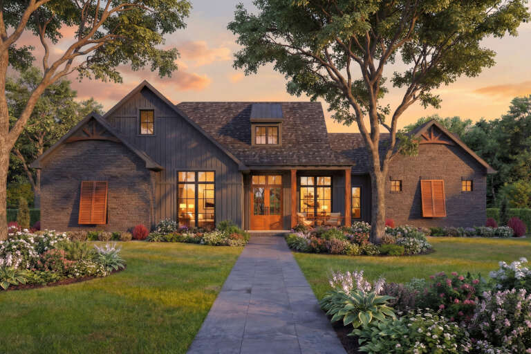 House Plan House Plan #27230 Front Elevation at Dusk