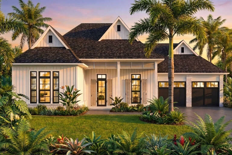 House Plan House Plan #27233 Front Elevation at Dusk