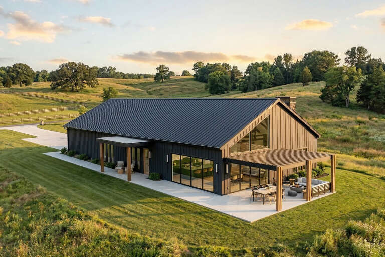 Black Barndominium, Angled Front Elevation, metal siding, wood pergola, concrete patio, glass walls, and scenic landscape. House Plan # 963-00660 Digital Rendering by America's Best House Plans, Inc.