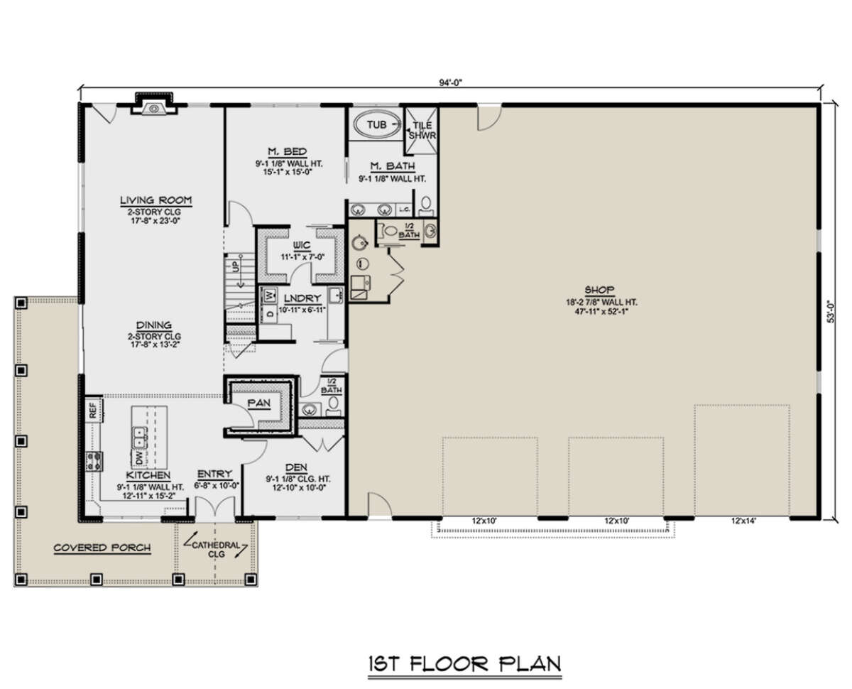 House Plan 5032-00160 - Barn Plan: 3,055 Square Feet, 3-4 Bedrooms, 3 Bathrooms House Plan 5032-00160 is a spacious barn plan with 3,055 square feet of living space, featuring 3-4 bedrooms and 3 bathrooms. This 40x60 pole barn house design offers ample room for a growing family or for those who desire extra space for entertaining or hobbies, creating a versatile and functional living space.