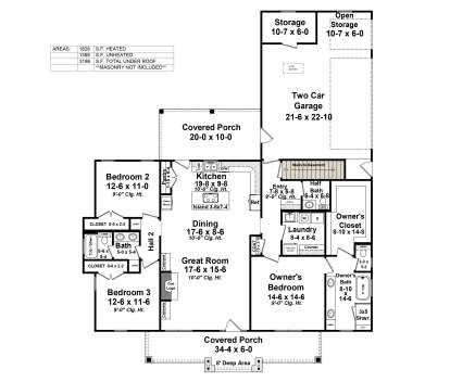 Main Floor w/ Basement Stairs: 3BR, 2.5BA, Great Rm, Dining, Kitchen, Ldry, 2-car garage, 2 Porches, WIC, Fireplace. House Plan # 348-00307 Main Floor w/ Basement Stairs Location Floor Plan Drawing by America's Best House Plans, Inc.