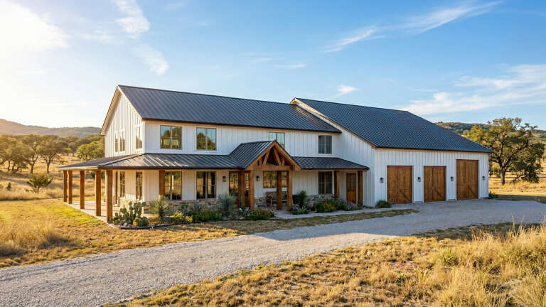 White Barndominium, Angled Front Elevation, board-and-batten siding, metal roof, stone base, wood accents, desert flora. House Plan # 963-00665 Digital Rendering by America's Best House Plans, Inc.