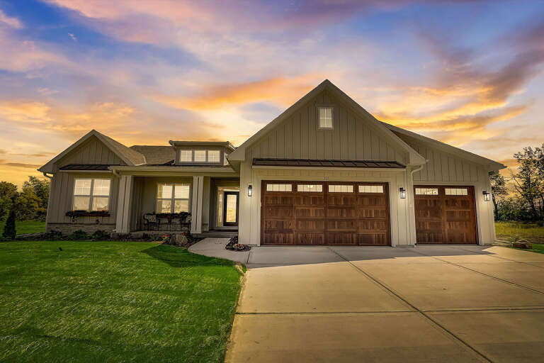 House Plan House Plan #27607 Front Elevation at Dusk