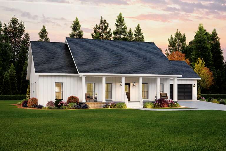 House Plan House Plan #27872 Angled Front Elevation at Dusk