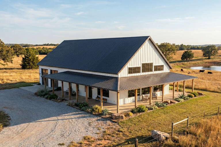 White Barndominium, Angled Front Elevation, vertical board-and-batten siding, metal roof, wood posts, gravel driveway. House Plan # 963-00692 Digital Rendering by America's Best House Plans, Inc.