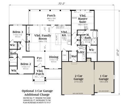 3BR, 2BA main level with vaulted family room, kitchen island, master suite, rear porch, and optional 3-car garage. House Plan # 009-00315 Main Floor w/ Optional 3 Car Garage Floor Plan Drawing by America's Best House Plans, Inc.