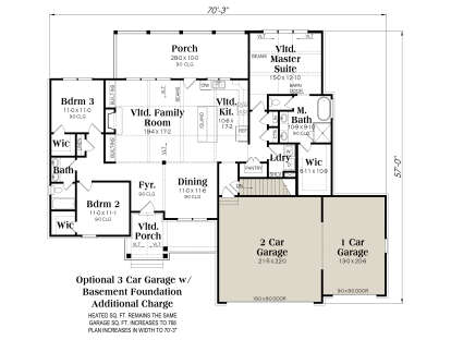 Basement foundation plan with optional 3-car garage, 3BR, 2BA, vaulted family room, and rear porch. House Plan # 009-00315 Basement Foundation w/ Optional 3 Car Garage Floor Plan Drawing by America's Best House Plans, Inc.