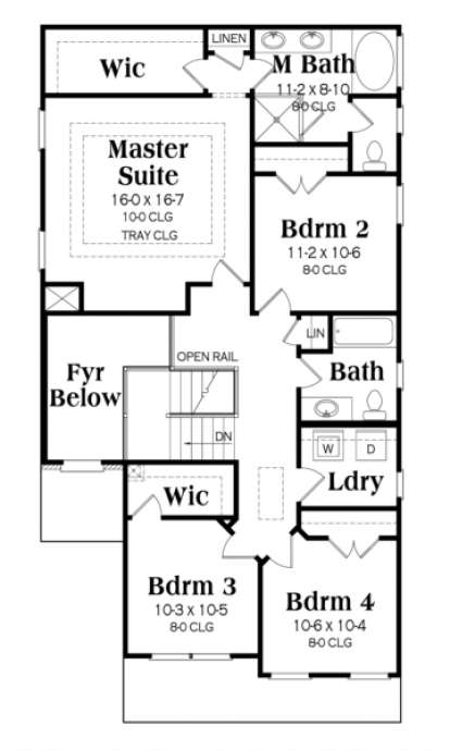 Second floor with master suite, 3 bedrooms, shared bath, laundry, WIC, and open rail overlooking foyer below. House Plan # 009-00125 Second Floor Floor Plan Drawing by America's Best House Plans, Inc.