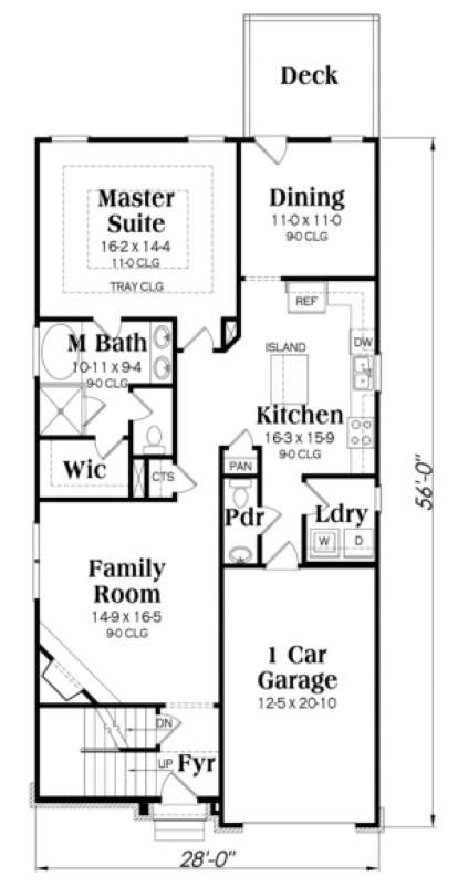 Main floor with Master Suite, tray ceiling, WIC, bath, kitchen with island, dining, deck, family room, 1-car garage. House Plan # 009-00127 Main Floor Floor Plan Drawing by America's Best House Plans, Inc.