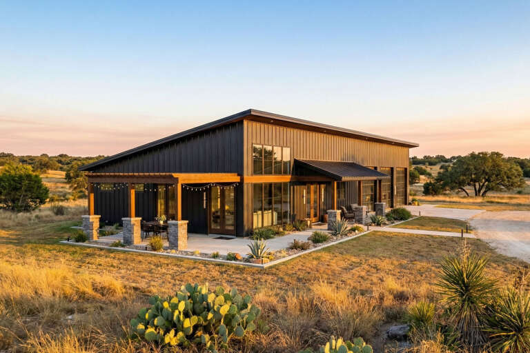 Black Barndominium, Angled Front Elevation, metal siding, stone-based timber pergola, string lights, desert landscaping. House Plan # 963-00721 Digital Rendering by America's Best House Plans, Inc.