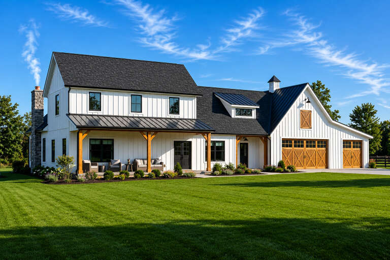 White Barn, Angled Front Elevation, board-and-batten siding, stone chimney, wood accents, metal roof, lush landscaping. House Plan # 5032-00201 Digital Rendering by America's Best House Plans, Inc.