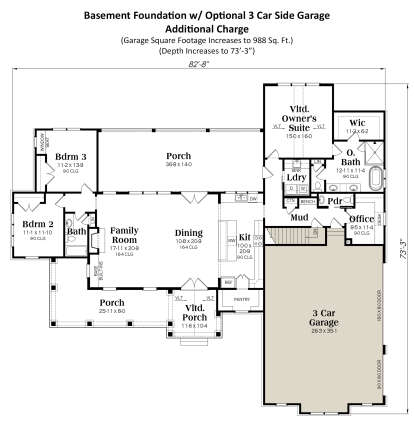 Basement Foundation w/ Optional 3 Car Garage for House Plan #009-00325